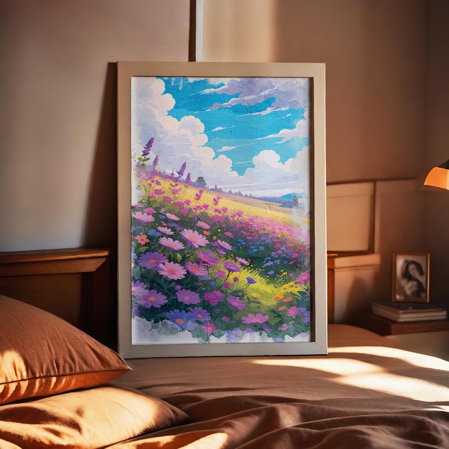 Vibrant printable wall art of a dreamy wildflower field in full bloom, featuring purple, pink, and blue blossoms under a bright blue sky with fluffy clouds, evoking warmth, joy, and a touch of whimsy