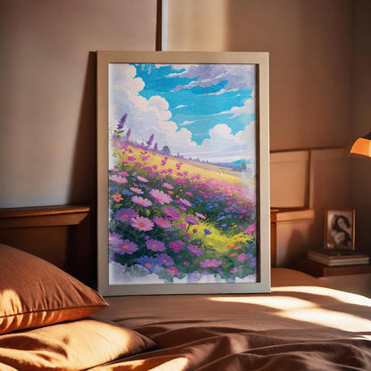 Vibrant printable wall art of a dreamy wildflower field in full bloom, featuring purple, pink, and blue blossoms under a bright blue sky with fluffy clouds, evoking warmth, joy, and a touch of whimsy