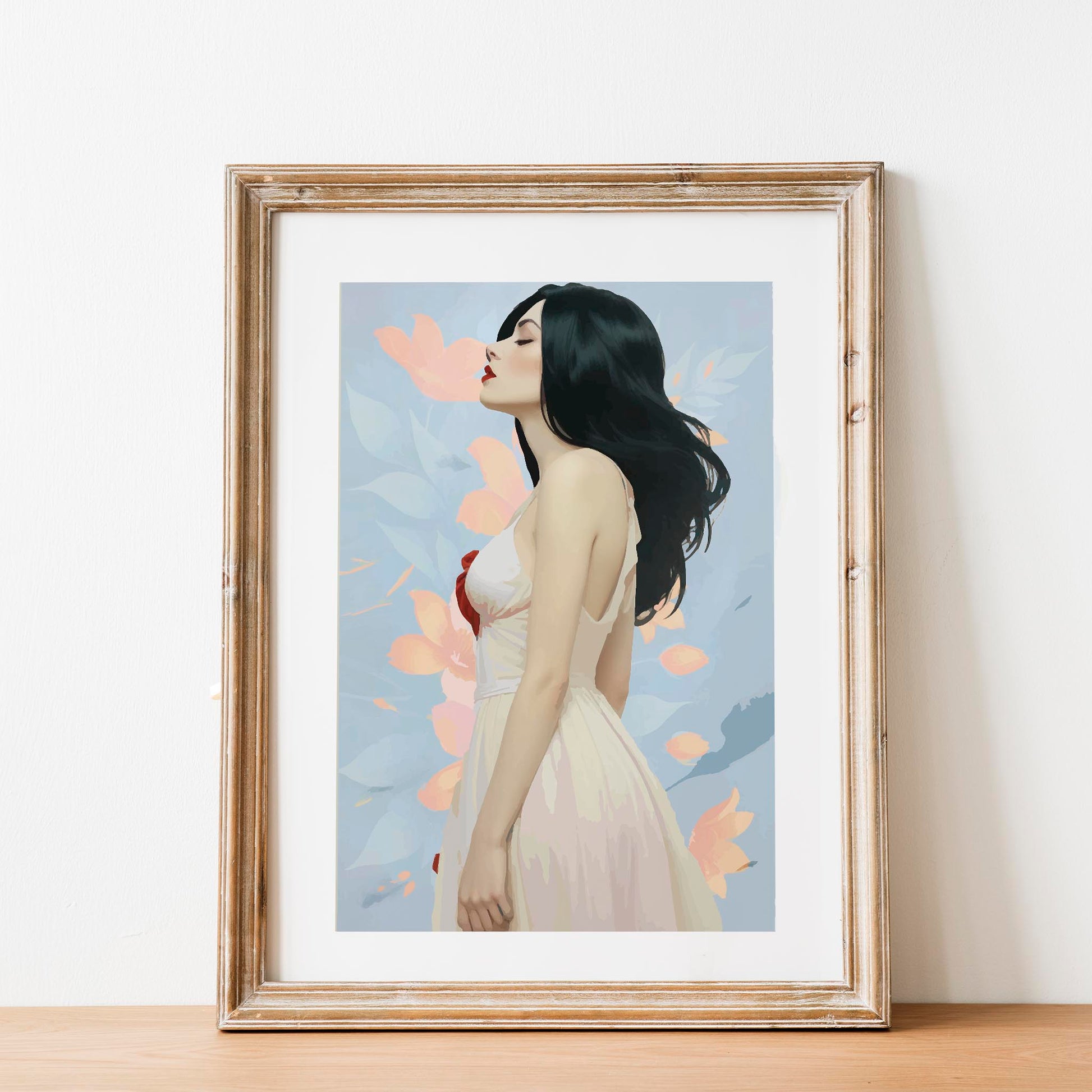 Printable wall art of a graceful woman in a flowing white dress with dark hair, set against a soft pastel floral background, perfect for modern, feminine home decor