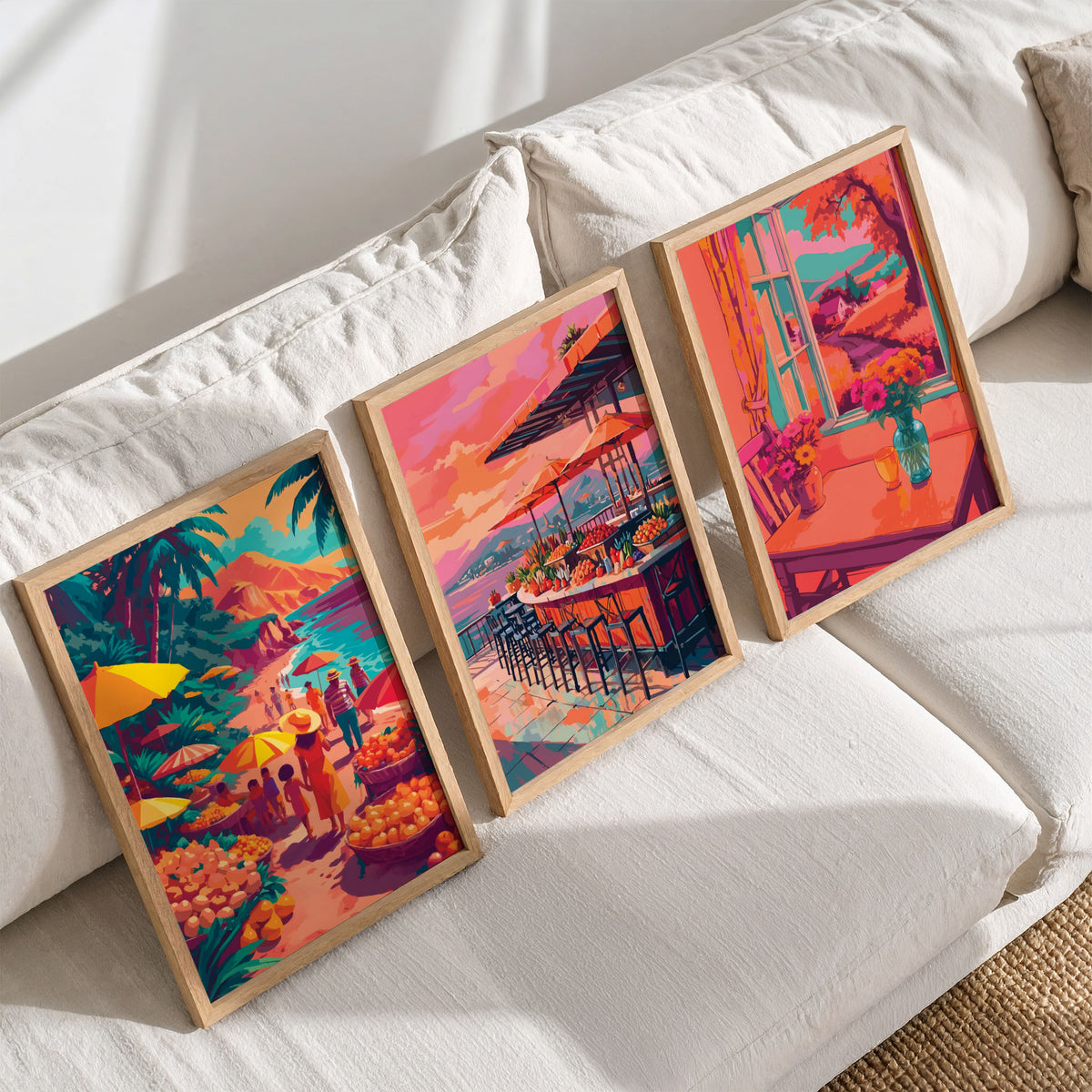 Three framed travel and lifestyle wall art prints on a wood shelf against sage green panelling — a tropical beach fruit market, a coastal bar with mountain views, and a warm interior window scene with flowers and a teal vase in vivid orange, teal, and coral