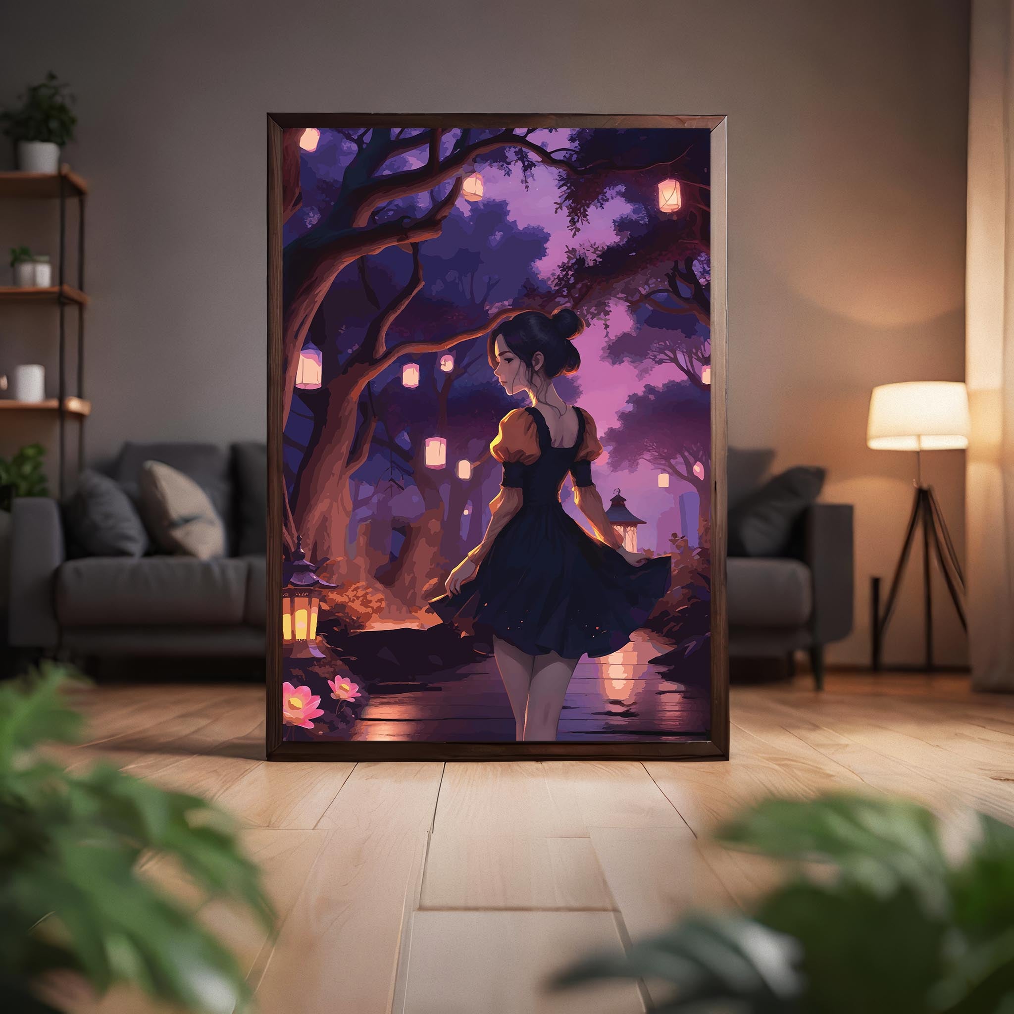 Enchanting digital artwork of a woman in a black dress walking through a magical lantern-lit forest at twilight - dreamy printable wall art perfect for whimsical or fantasy-themed decor