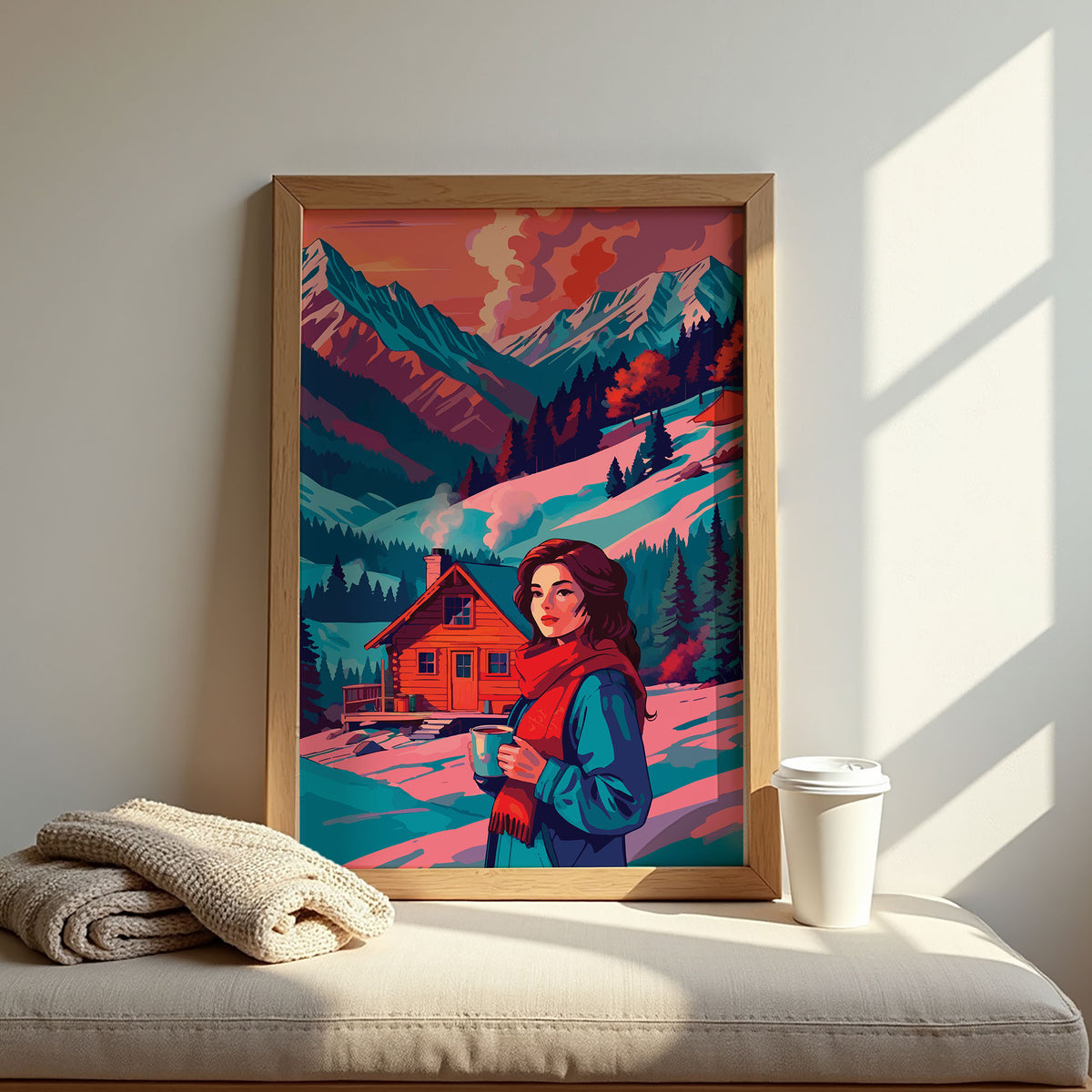 Bold illustrated winter portrait wall art with a dark-haired woman in a teal coat and red scarf holding a warm mug, standing before a smoking log cabin in a snowy mountain valley with teal pine forests and pink-toned peaks
