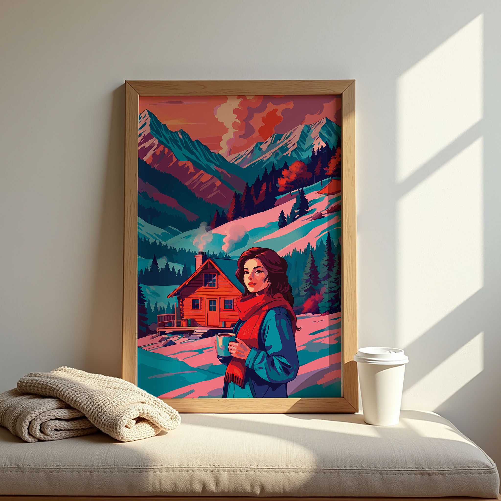 Bold illustrated winter portrait wall art with a dark-haired woman in a teal coat and red scarf holding a warm mug, standing before a smoking log cabin in a snowy mountain valley with teal pine forests and pink-toned peaks