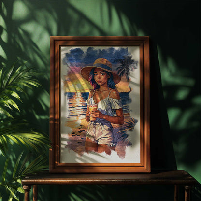 Vibrant beach scene illustration of a young woman with rainbow-tinted hair wearing a straw hat, white off-shoulder top, and denim shorts, holding a tropical drink. The sunset glows behind her with warm orange and purple tones reflecting on the ocean waves, creating a relaxed and summery atmosphere.