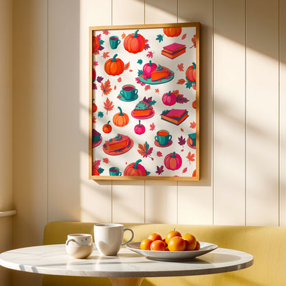 Dopamine-style fall pattern featuring repeating cozy icons - pumpkin pie slices, teal espresso cups, hot pink stacked books, and multi-sized pumpkins across a clean white background