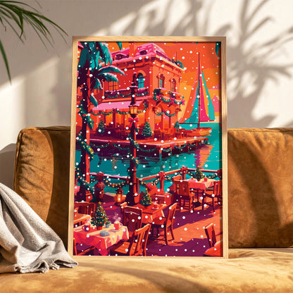 Bold illustrated Christmas waterfront wall art with a snow-dusted Mediterranean terrace café, teal sailboats on a turquoise harbour, garland-wrapped lampposts, mini Christmas trees on café tables, and a coral building decorated with wreaths under an orange winter sky