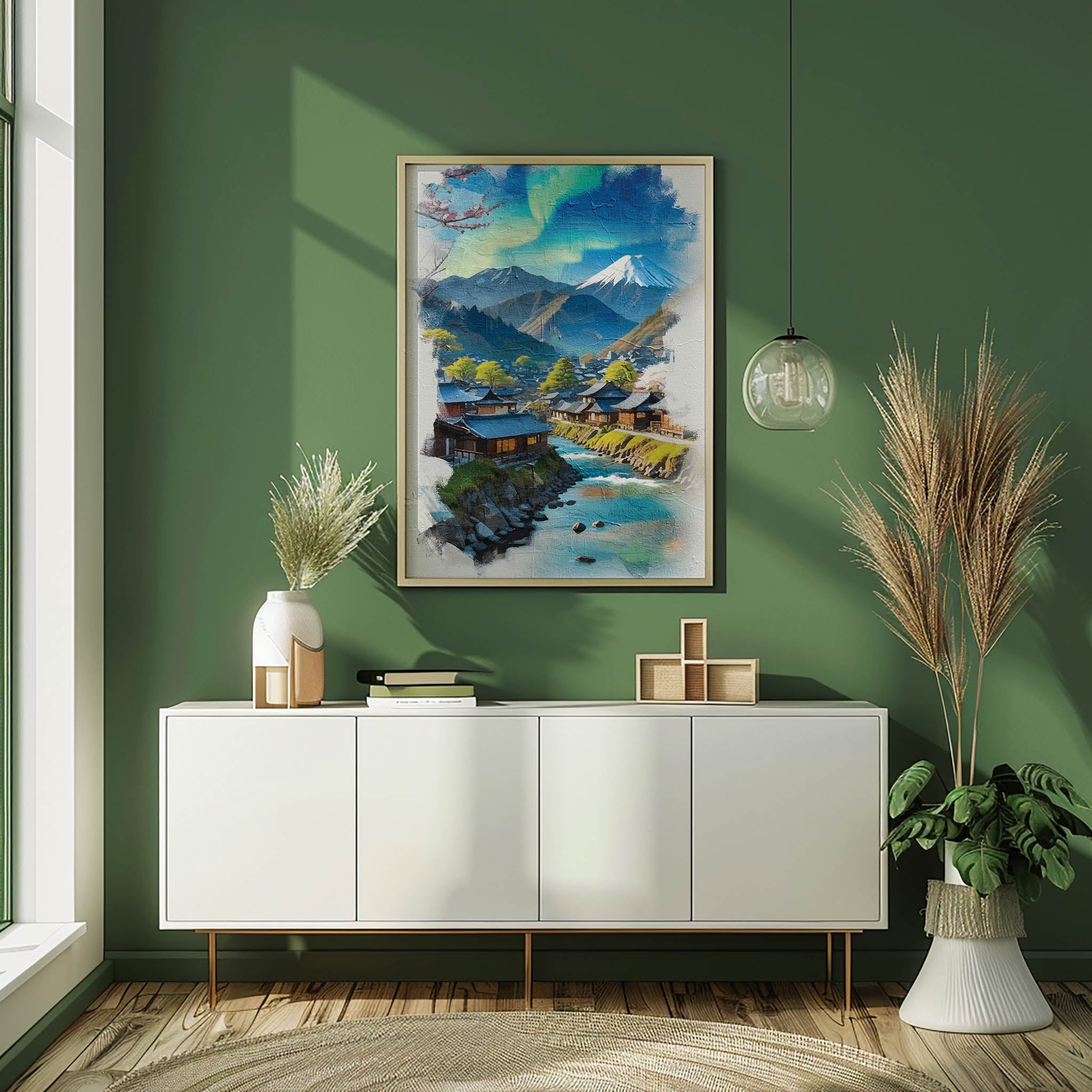 Painterly scene of a tranquil Japanese town with wooden houses, flowing river and vibrant aurora sky