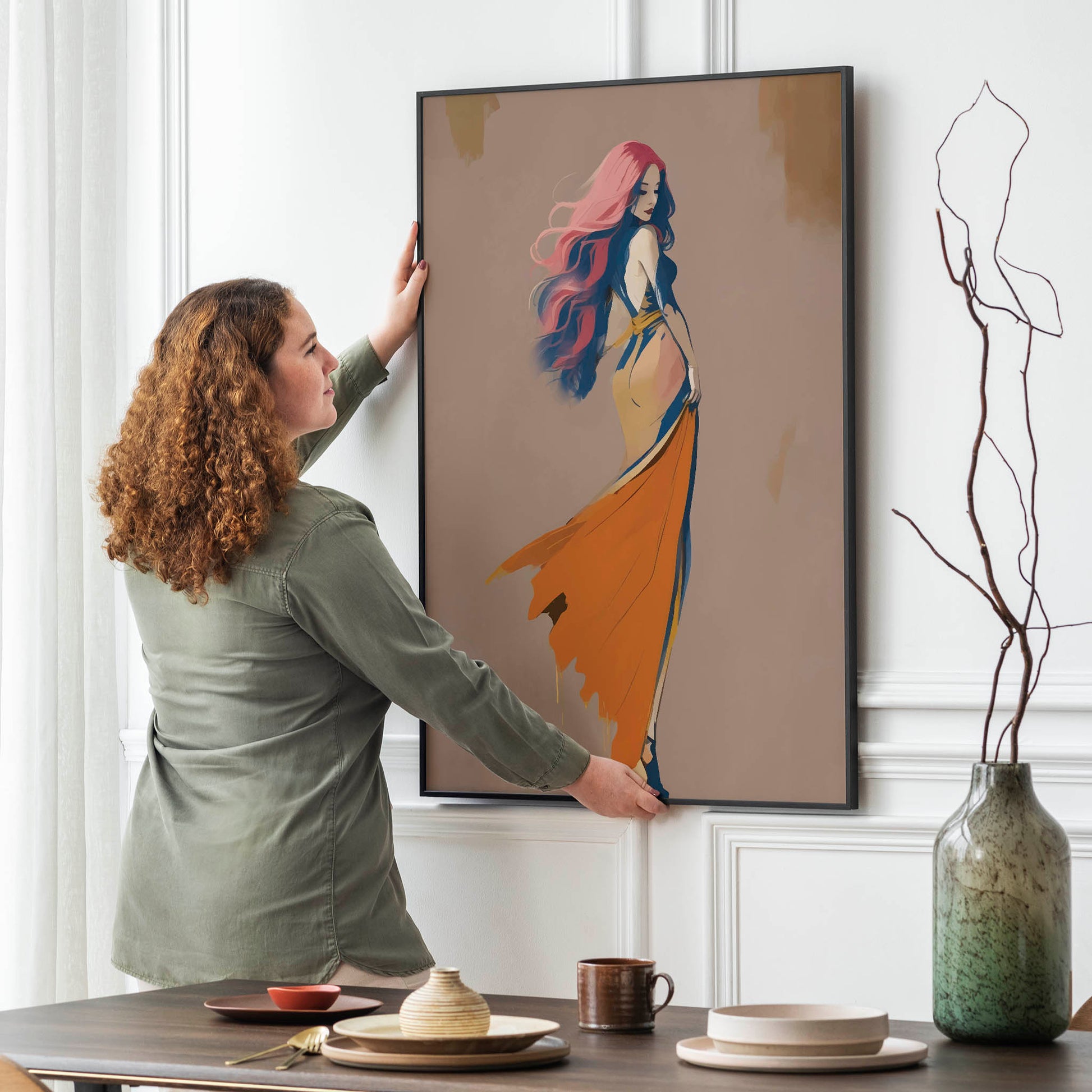 Printable wall art of an elegant woman with flowing pink and purple hair, wearing a backless orange gown with a dramatic train, set against a soft neutral background, perfect for modern and chic home decor.