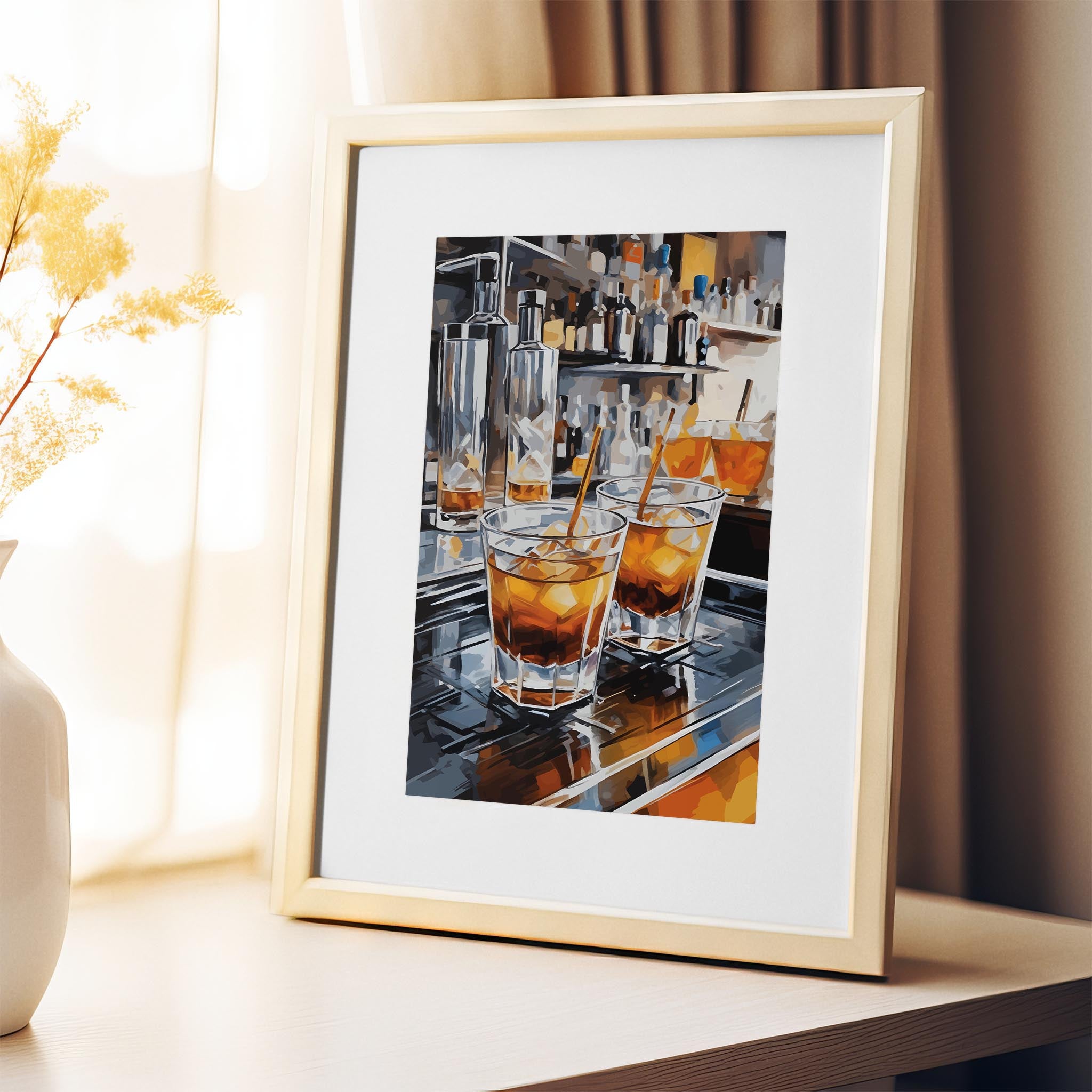 Printable wall art of stylish cocktail glasses filled with whiskey and ice, set on a reflective bar counter with bottles in the background, perfect for modern kitchen, home bar, or lounge decor