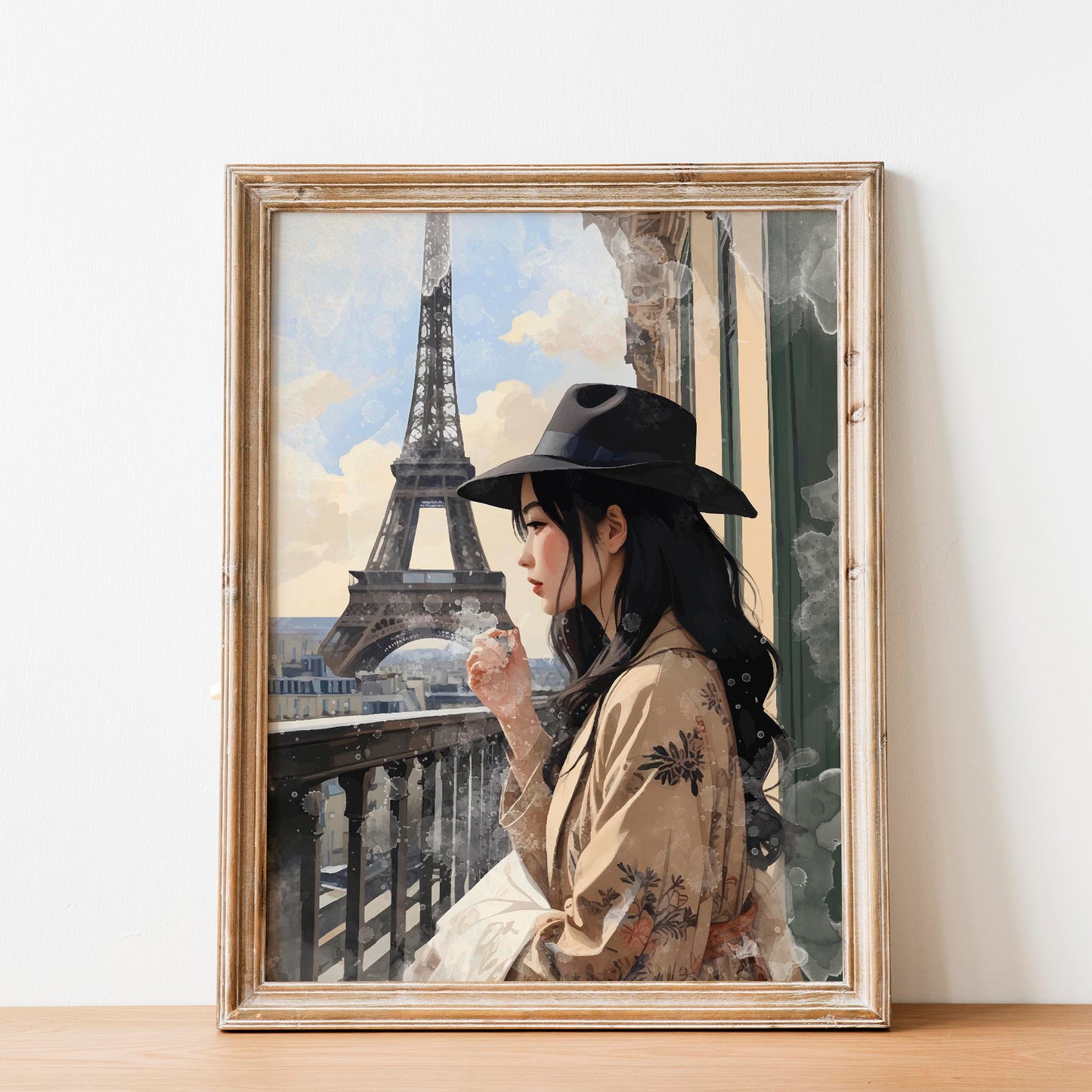 Elegant Parisian illustration of a woman in a wide-brim hat standing on a balcony overlooking the Eiffel Tower, bathed in soft daylight with muted neutral tones and painterly textures. Romantic Paris wall art with a chic, dreamy, travel-inspired aesthetic.
