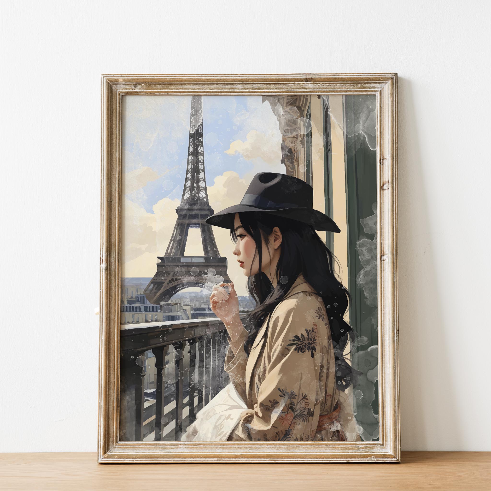 Elegant Parisian illustration of a woman in a wide-brim hat standing on a balcony overlooking the Eiffel Tower, bathed in soft daylight with muted neutral tones and painterly textures. Romantic Paris wall art with a chic, dreamy, travel-inspired aesthetic.