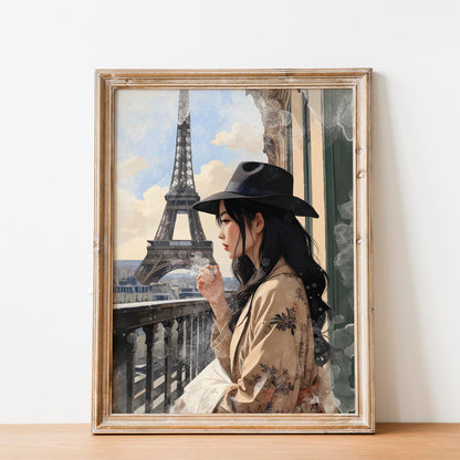 Elegant Parisian illustration of a woman in a wide-brim hat standing on a balcony overlooking the Eiffel Tower, bathed in soft daylight with muted neutral tones and painterly textures. Romantic Paris wall art with a chic, dreamy, travel-inspired aesthetic.