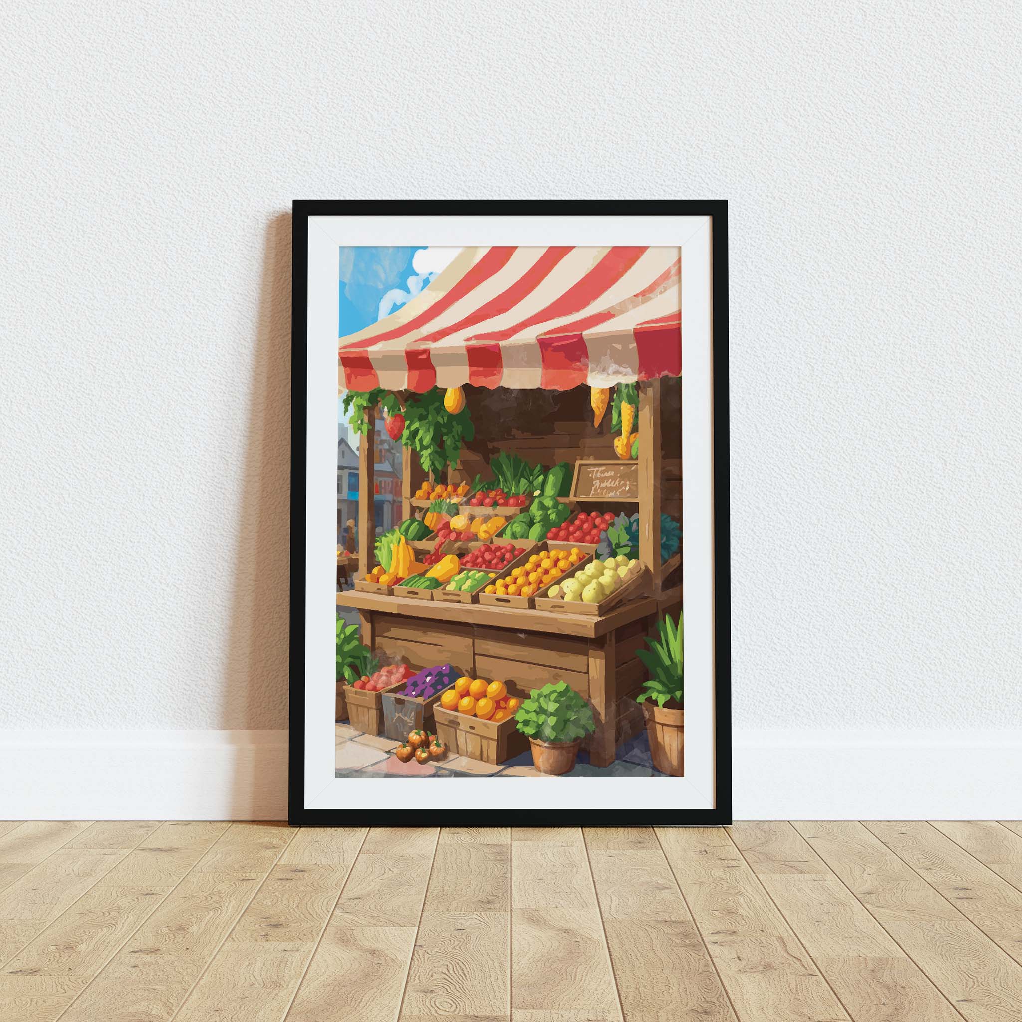 Printable wall art of a vibrant farmers market fruit and vegetable stand under a red and white striped canopy, filled with fresh produce like tomatoes, bananas, greens, oranges, and peppers, perfect for kitchen, market-style, or rustic home decor