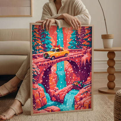 Illustrated print of a yellow vintage car with a large red bow crossing a stone bridge over a teal waterfall in a snowy coral canyon. 