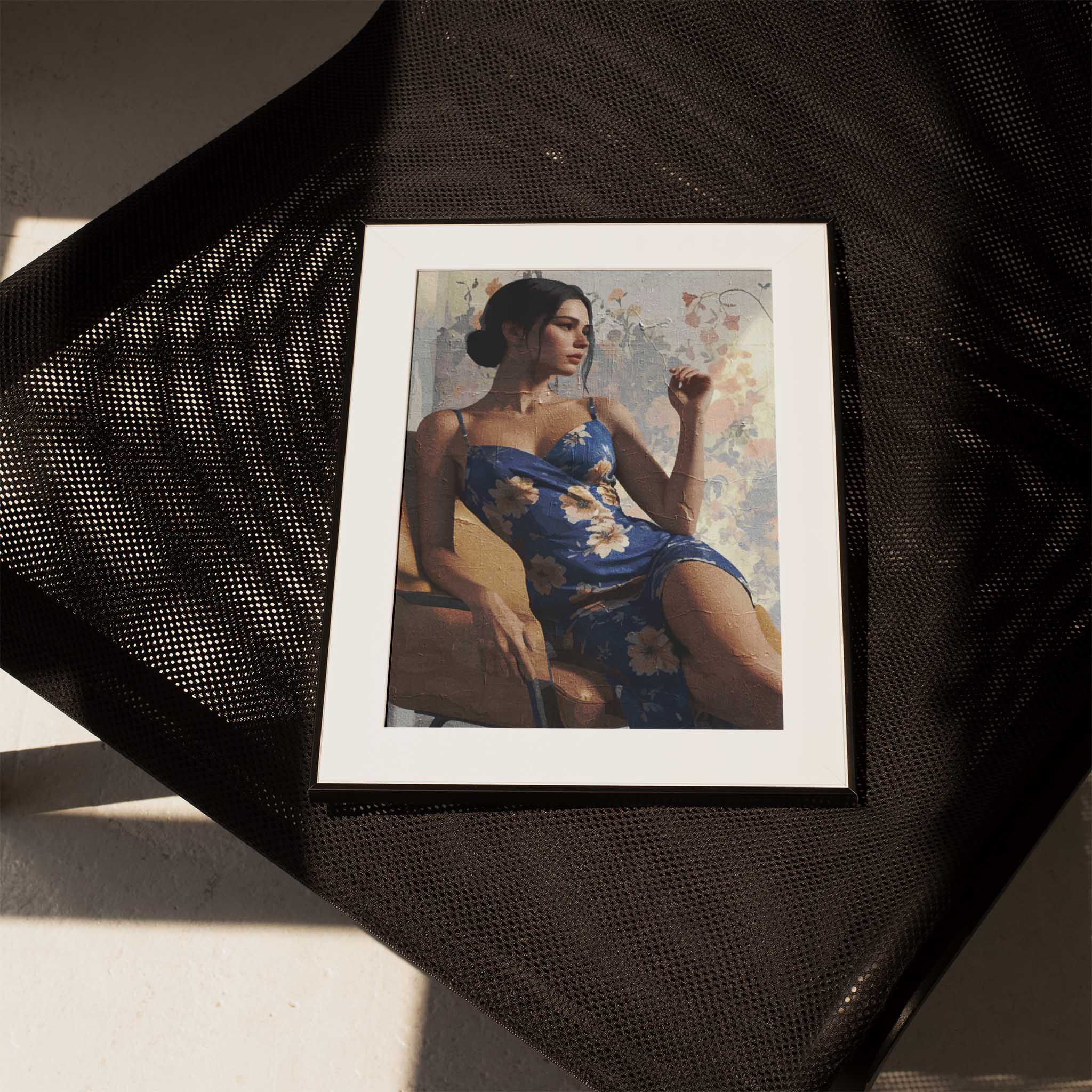 Elegant printable wall art featuring a stylish woman in a floral blue dress, seated gracefully on a chair against a soft, vintage-inspired floral backdrop, evoking sophistication and quiet confidence.