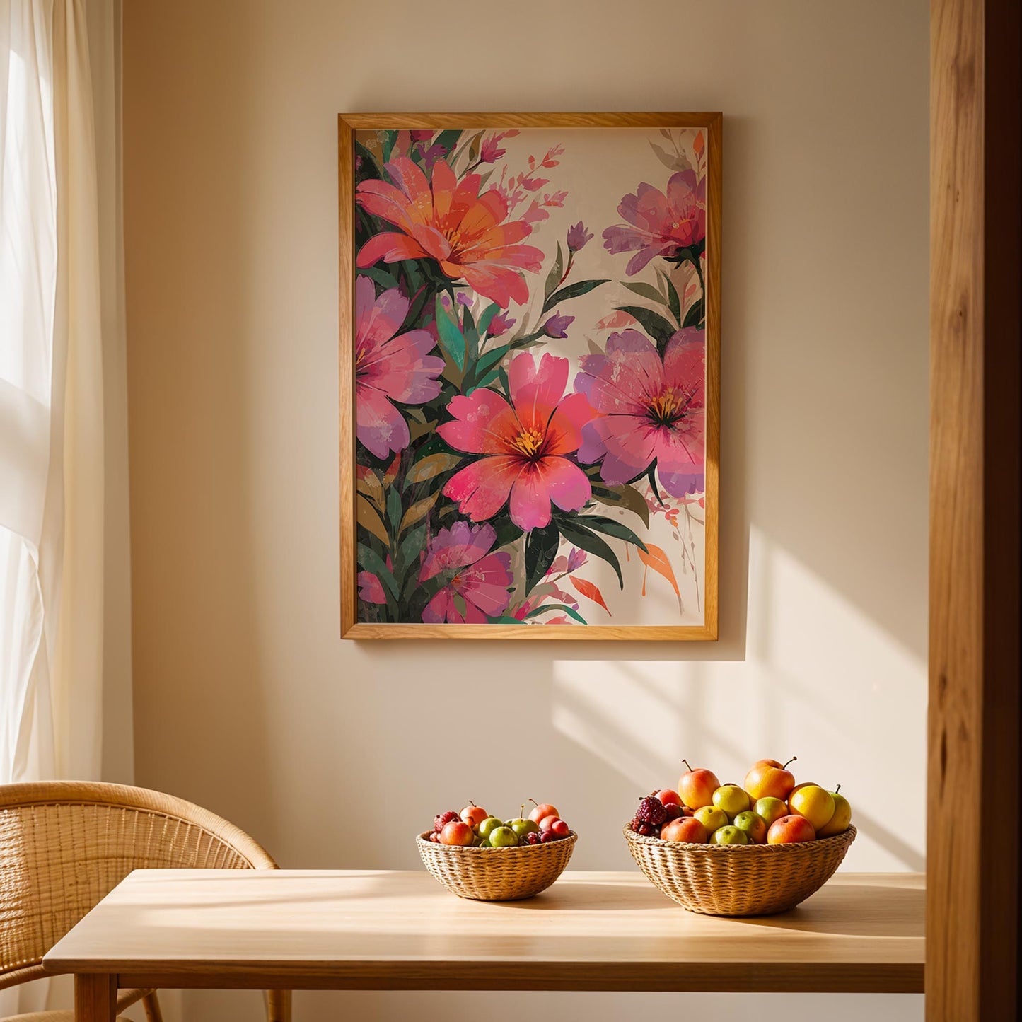 Vibrant watercolor floral wall art featuring bold pink, orange, and purple blossoms with lush green leaves - perfect printable decor for a modern, botanical-inspired space