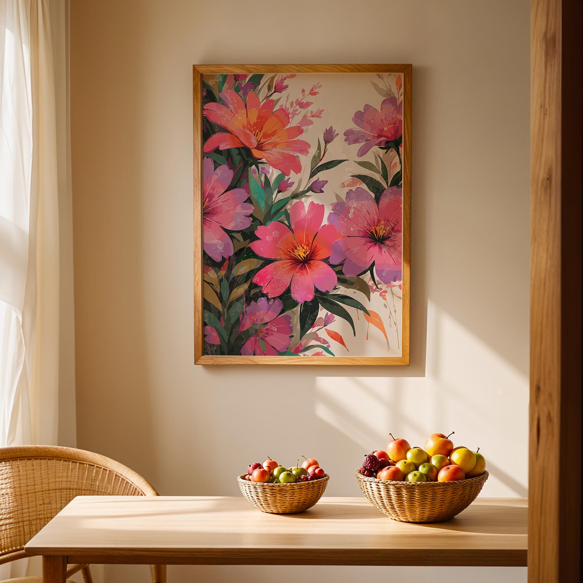 Vibrant watercolor floral wall art featuring bold pink, orange, and purple blossoms with lush green leaves - perfect printable decor for a modern, botanical-inspired space