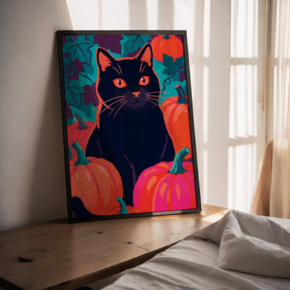 Maximalist Halloween cat and pumpkin print with a confident black cat centred among oversized orange and pink pumpkins, teal-stemmed gourds, and bold teal leaf silhouettes on a deep purple-teal ground