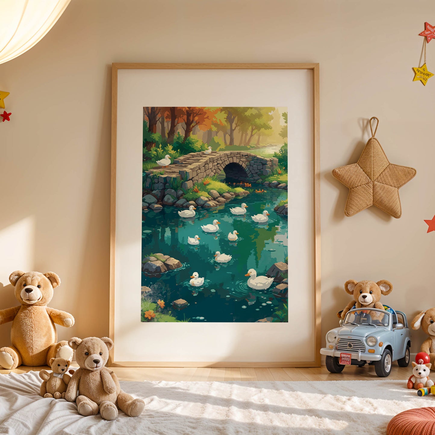 Peaceful nature scene featuring a group of white ducks swimming in a clear blue pond surrounded by rocks and greenery. A charming stone bridge crosses the water, with soft sunlight filtering through the trees, creating a warm and tranquil countryside atmosphere.