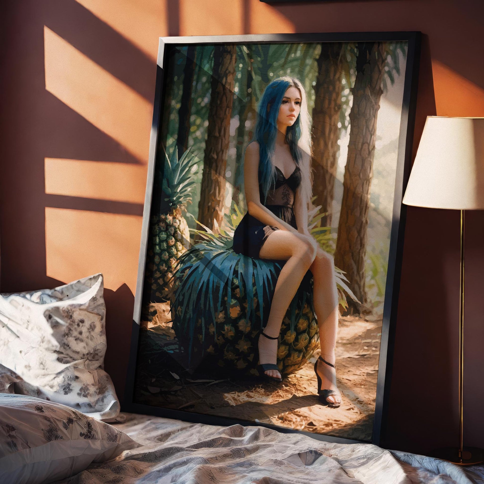 Moody artistic portrait of a woman with long blue hair sitting on a large pineapple in a sunlit forest. She wears a black lace dress and heels, surrounded by tall trees and lush greenery, creating a surreal, whimsical, and slightly mysterious atmosphere with tropical and fantasy elements. Printable Wall Art. Digital Download.