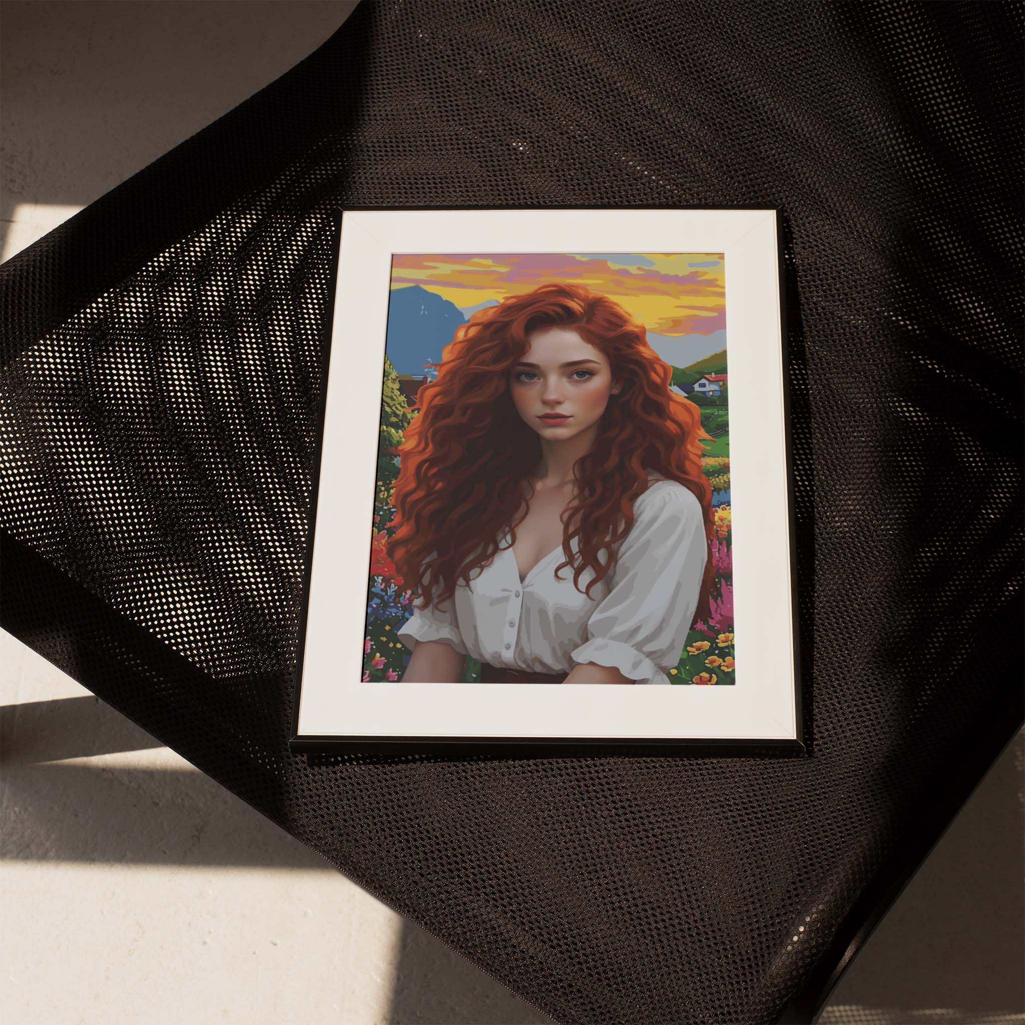 Vibrant digital portrait of a red-haired woman with soft curls, set against a colorful countryside landscape at sunset - modern feminine printable wall art
