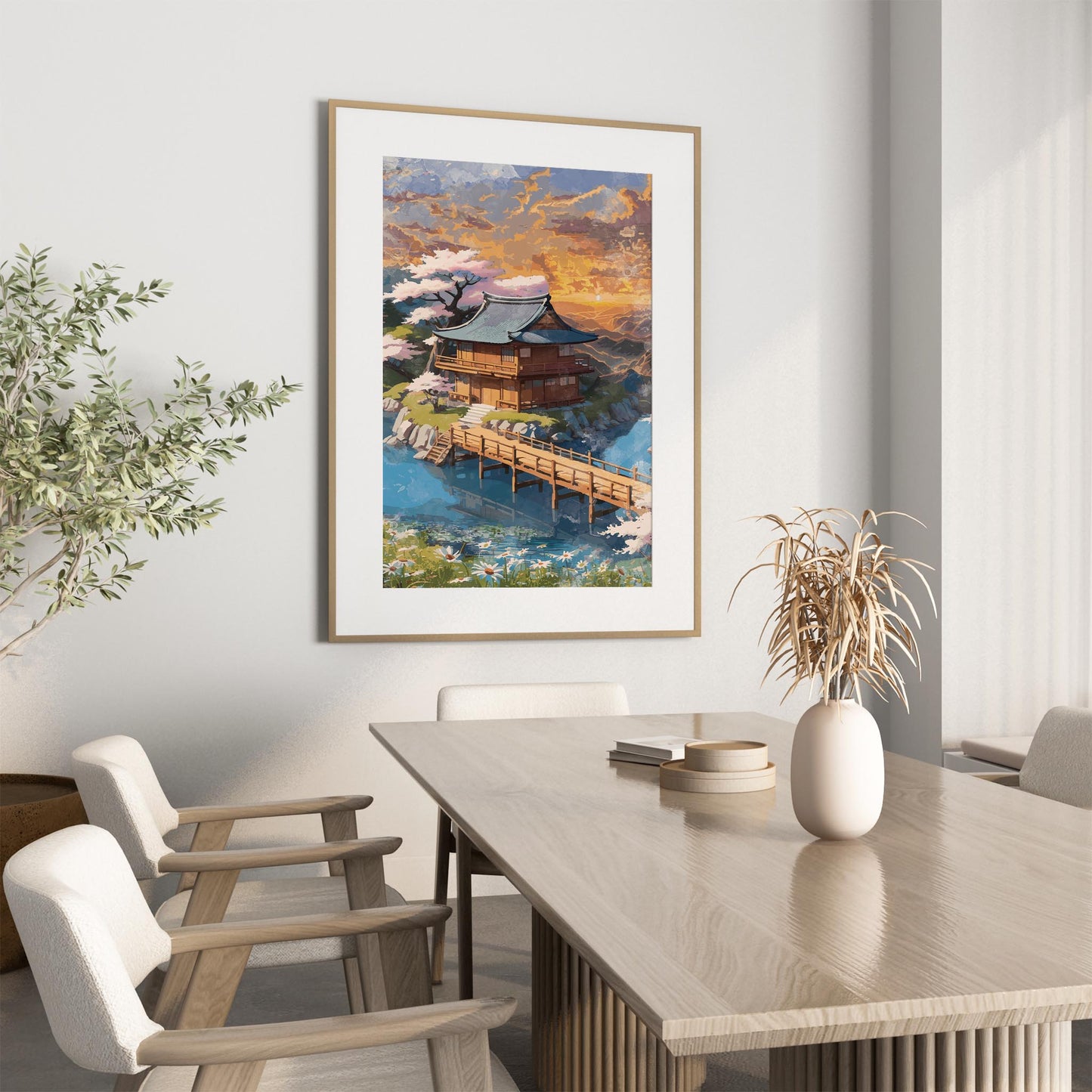 Serene fantasy landscape illustration of a traditional Japanese-style wooden house beside a calm river, connected by a wooden bridge. Surrounded by cherry blossom trees, wildflowers, and lush greenery under a glowing golden sunset sky, the scene evokes tranquility, harmony, and dreamy storybook charm. Printable Wall Art. Digital Download.