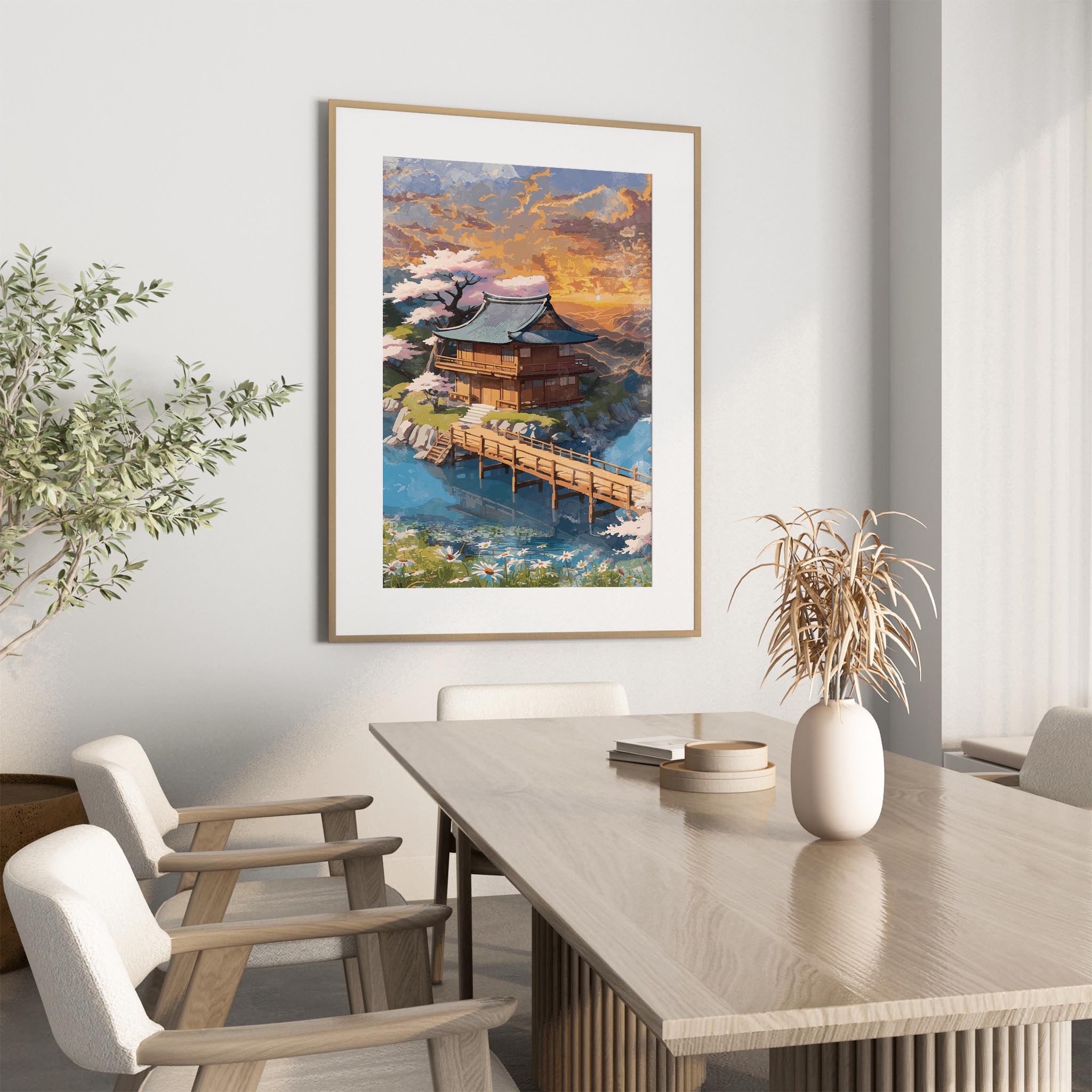 Serene fantasy landscape illustration of a traditional Japanese-style wooden house beside a calm river, connected by a wooden bridge. Surrounded by cherry blossom trees, wildflowers, and lush greenery under a glowing golden sunset sky, the scene evokes tranquility, harmony, and dreamy storybook charm. Printable Wall Art. Digital Download.