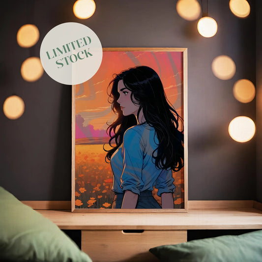 Printable wall art of a woman with flowing dark hair standing in a golden flower field at sunset, wearing a blue shirt, with warm, dreamy skies in the background, perfect for serene and modern home decor