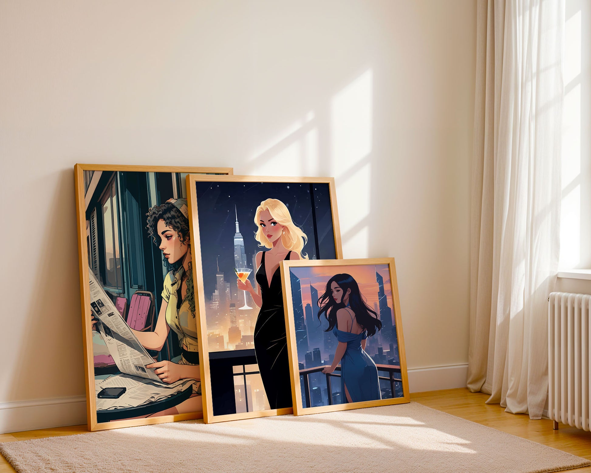 Set of three stylish digital art prints featuring elegant women in modern, cinematic scenes - perfect printable wall art bundle for chic, contemporary home or gallery-style decor