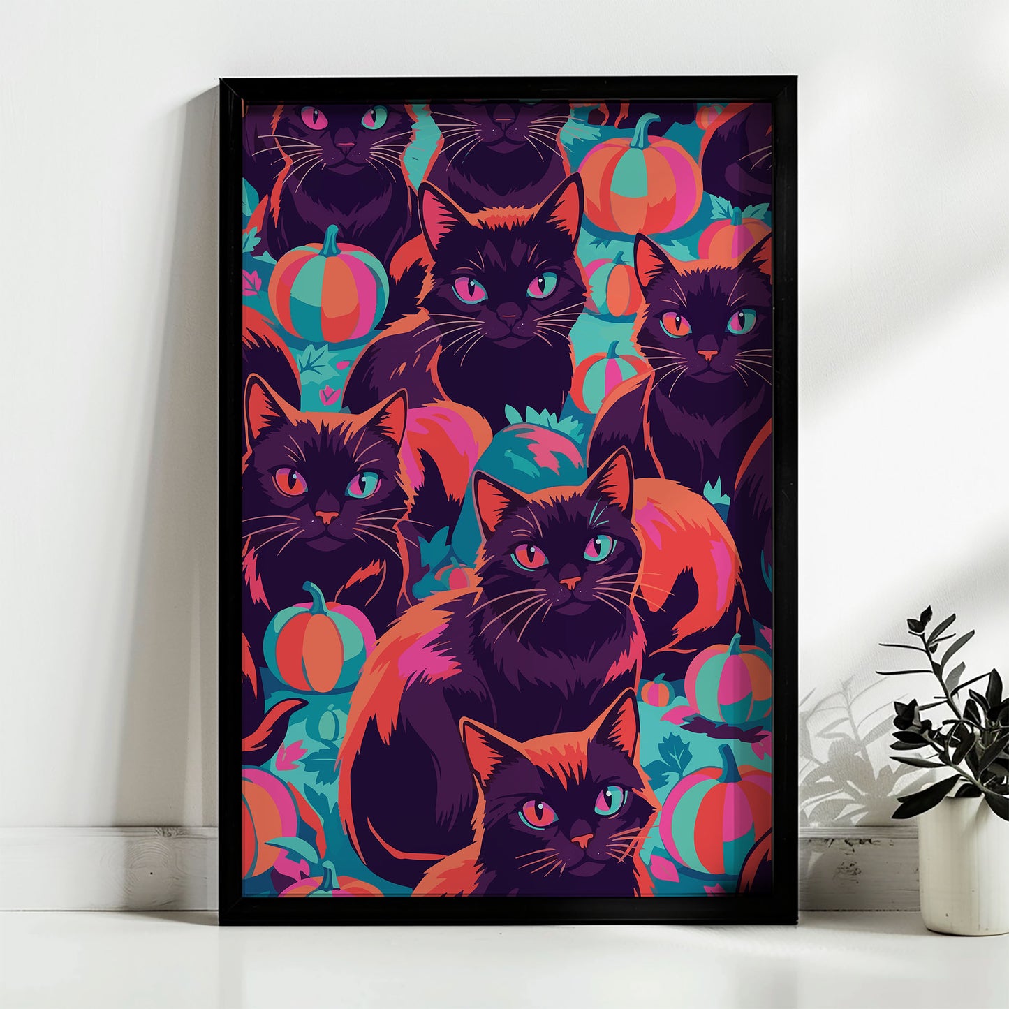 Close-up of a bold Halloween cat print - painterly black cats in various poses with magenta whisker highlights and mismatched teal and pink eyes, filling the frame with striped pumpkins on a deep violet ground