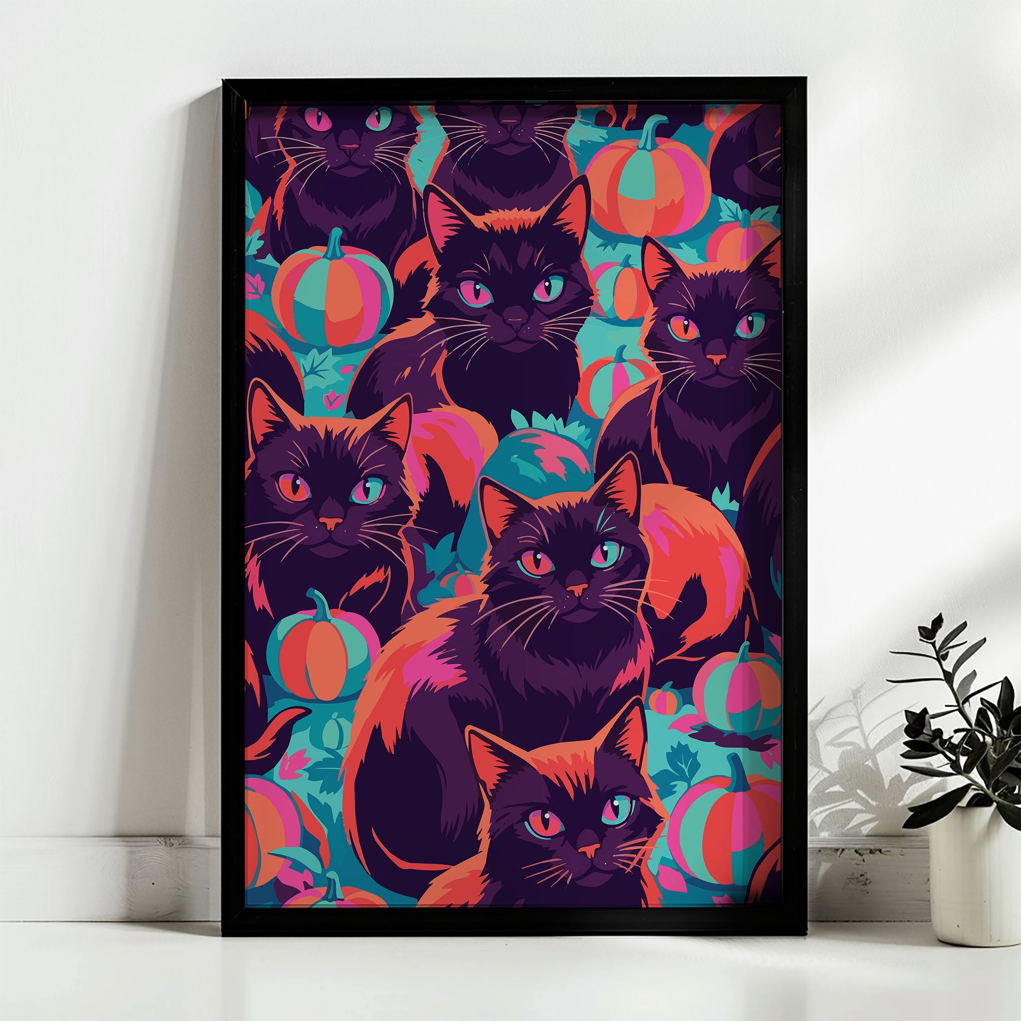 Close-up of a bold Halloween cat print - painterly black cats in various poses with magenta whisker highlights and mismatched teal and pink eyes, filling the frame with striped pumpkins on a deep violet ground
