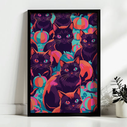 Close-up of a bold Halloween cat print - painterly black cats in various poses with magenta whisker highlights and mismatched teal and pink eyes, filling the frame with striped pumpkins on a deep violet ground