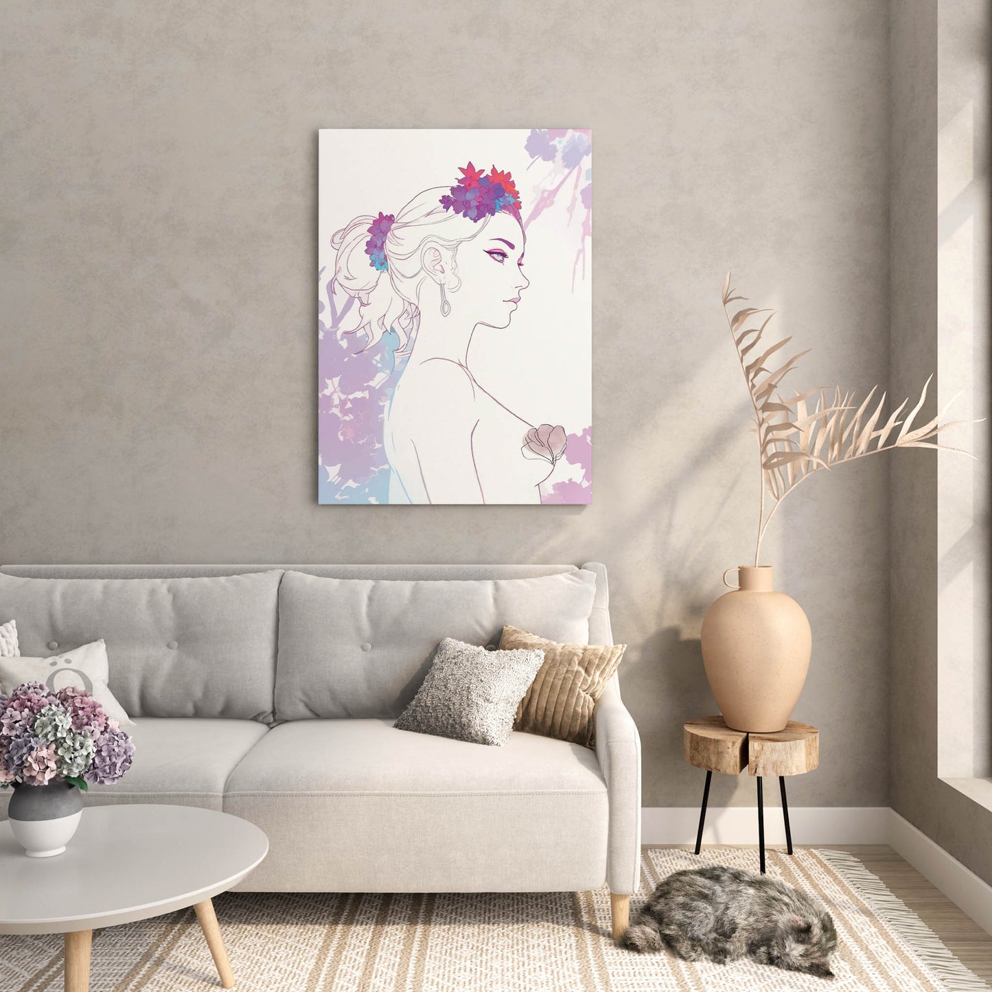 Minimalist feminine line art of a woman in profile adorned with vibrant floral crown and soft watercolor accents - elegant printable wall art ideal for boho, chic, or modern decor themes."