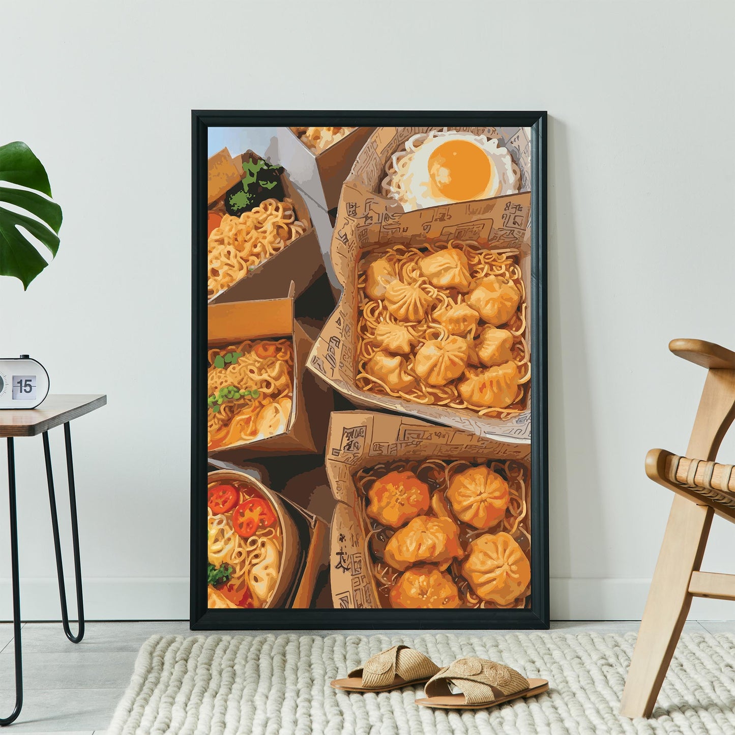 Vibrant food illustration featuring takeout boxes filled with Asian cuisine, including noodles, dumplings, and a fried egg. The warm colours and detailed textures create a mouthwatering, cosy street-food vibe perfect for kitchen or dining room wall art.