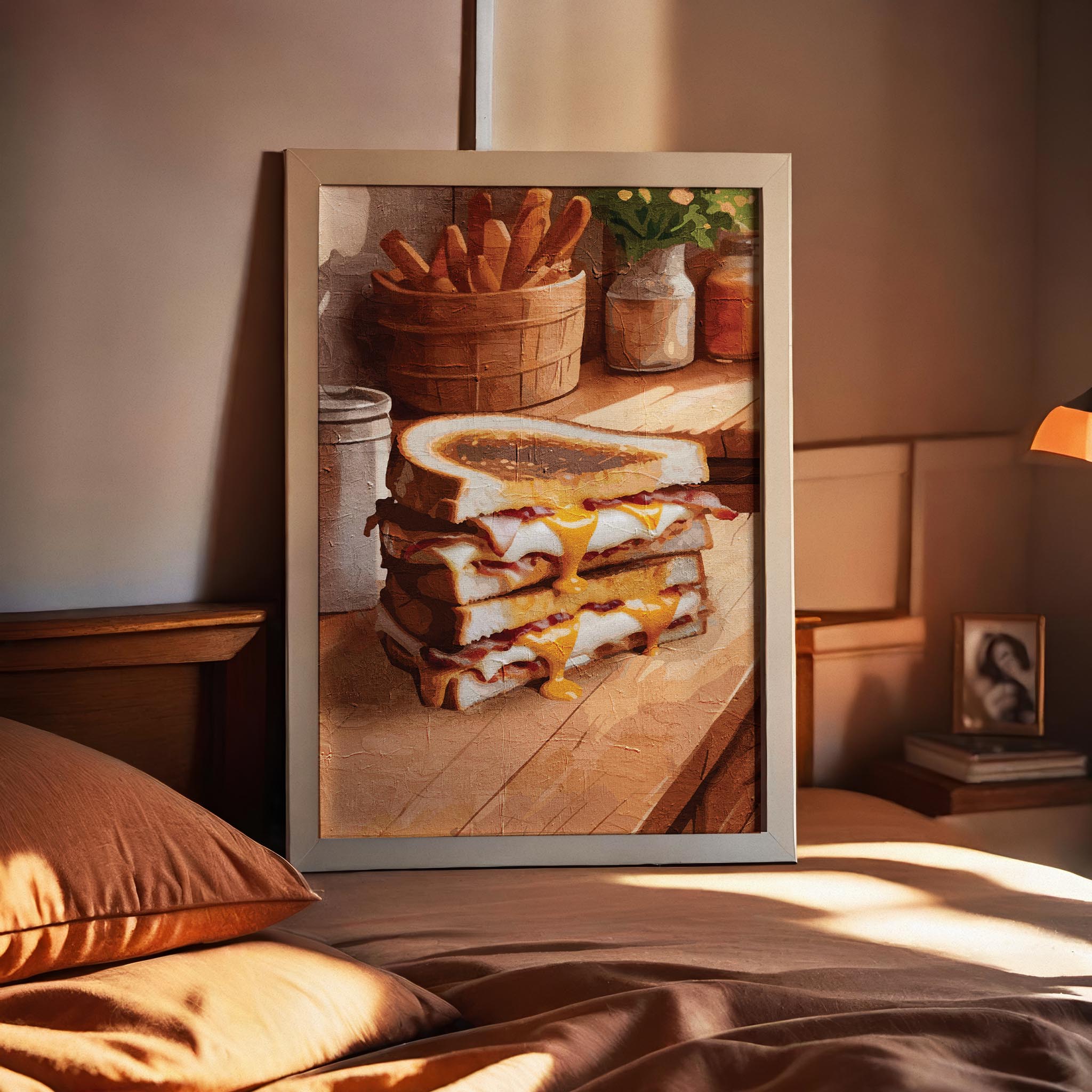 Printable wall art of a stack of grilled cheese sandwiches with melted cheddar oozing out, set on a rustic wooden counter with warm tones and cozy kitchen details, perfect for food lovers and farmhouse-style decor