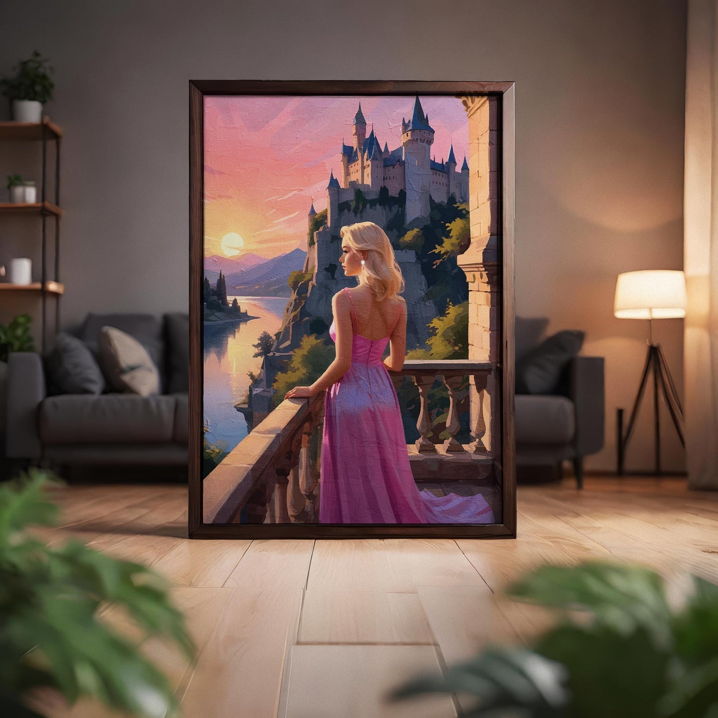 Romantic fantasy wall art featuring an elegant woman in a flowing pink gown standing on a stone balcony at sunset. She overlooks a glowing river valley and a majestic castle perched on a cliff, surrounded by pastel skies, soft golden light, and distant mountains, creating a dreamy fairytale atmosphere. Digital Download. Printable Wall Art.