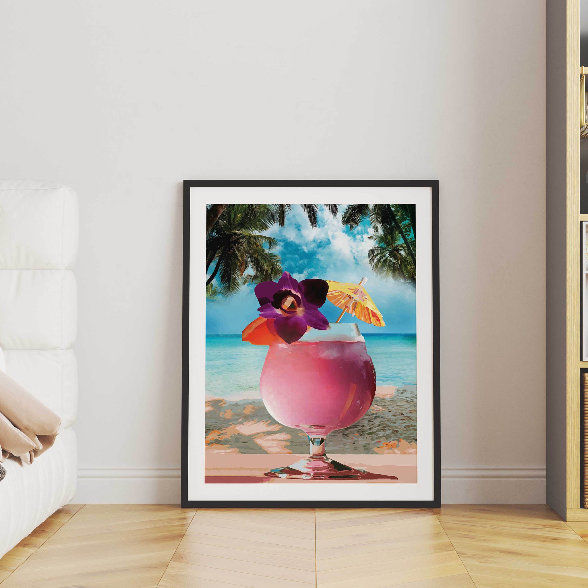 Tropical cocktail wall art print featuring a vibrant pink drink with a purple orchid, orange slice, and paper umbrella, set against a serene beach and palm tree backdrop, perfect for summer vibes and beach-themed decor
