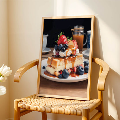 Close-up food print featuring fluffy toast with fresh berries, cream, and caramel syrup on a white plate