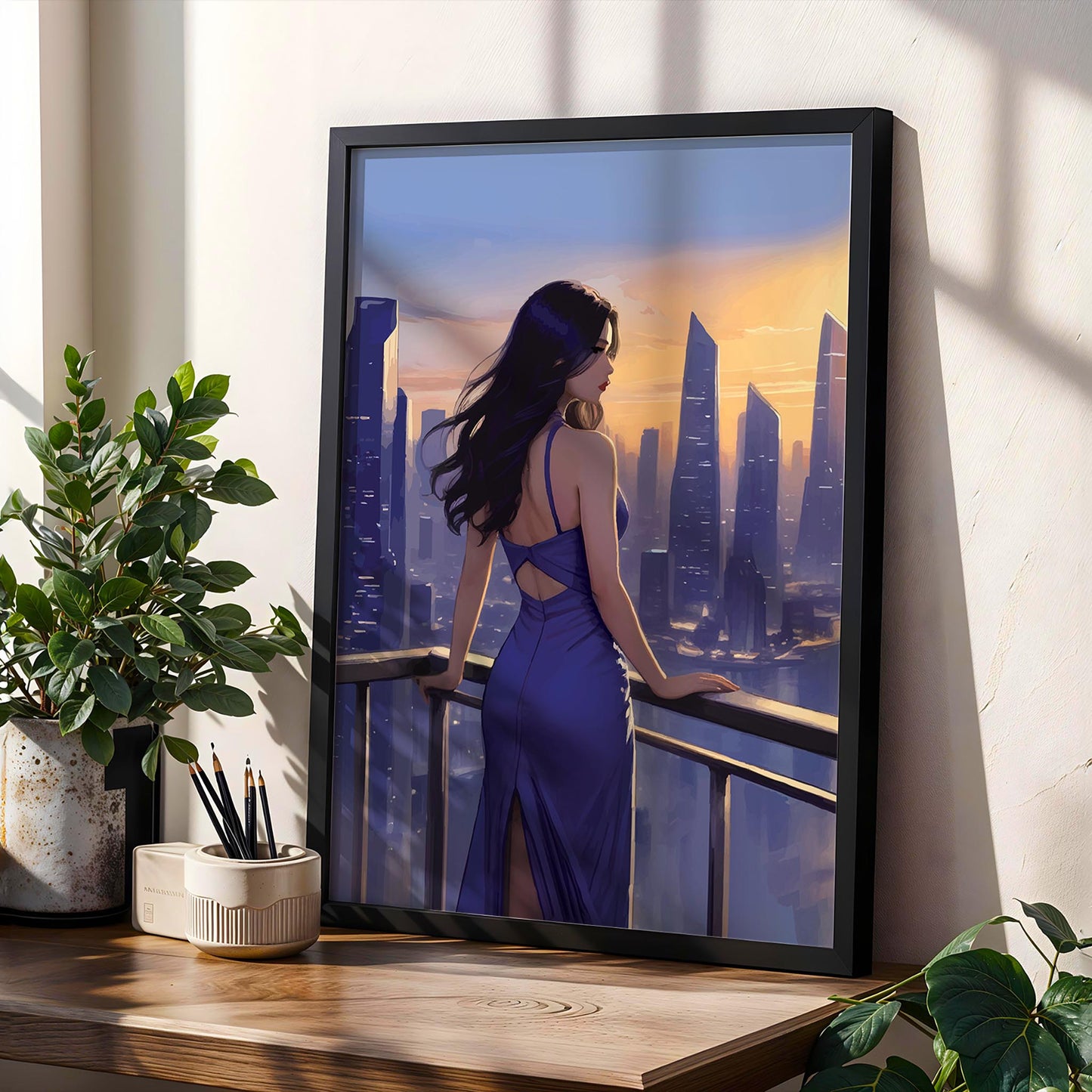 Fashionable woman overlooking skyscrapers at golden hour, luxury feminine wall art printable, modern city view digital download