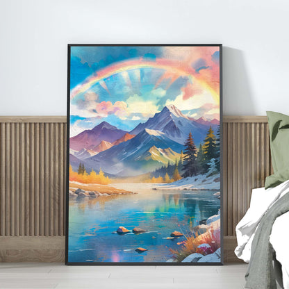Majestic mountain landscape featuring snow-capped peaks under a radiant pastel sky with a glowing rainbow arching overhead. A calm turquoise lake reflects the colours of the sky and surrounding pine trees, creating a dreamy and uplifting nature scene filled with light and serenity.