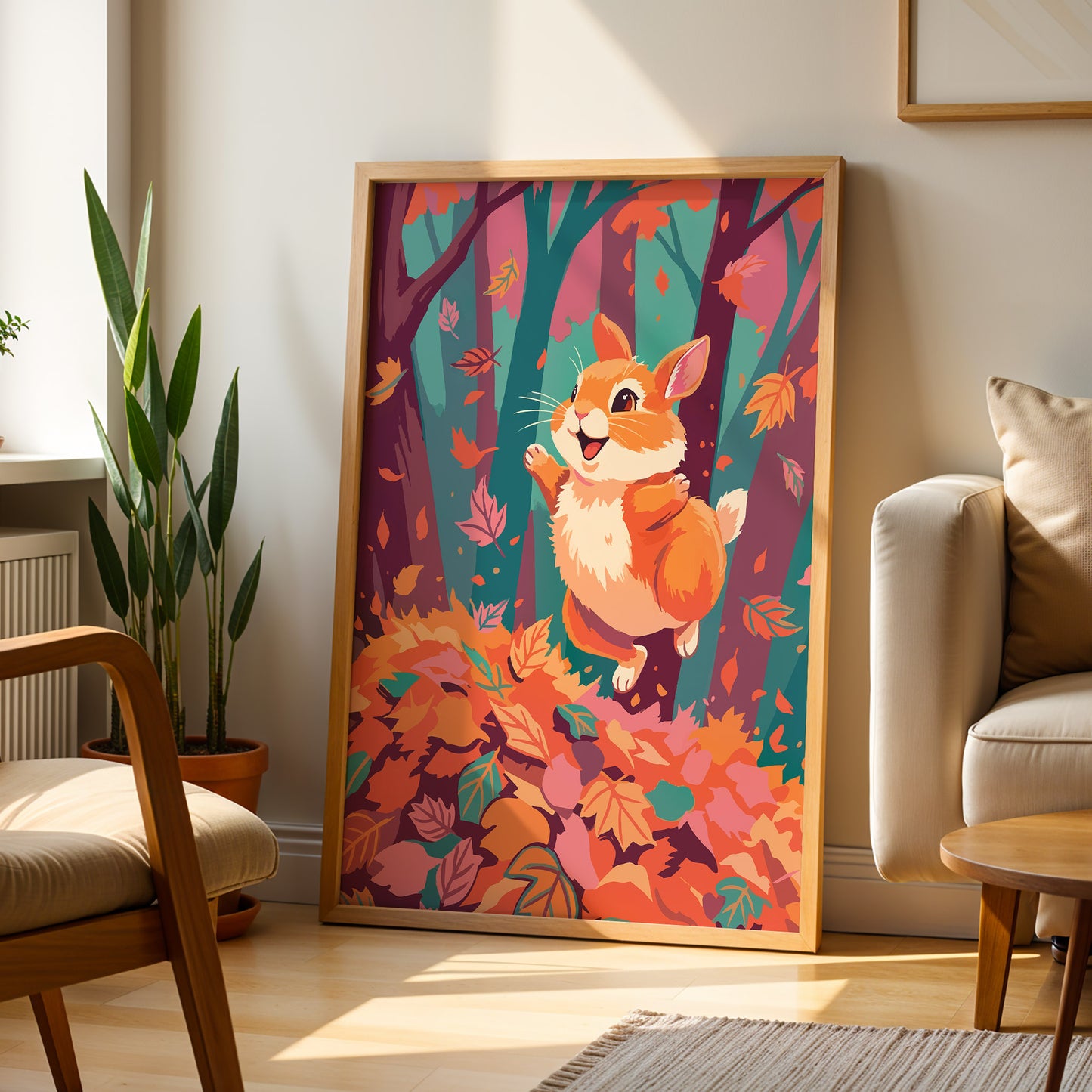 Dopamine-style animal print featuring an expressive ginger bunny mid-leap above a deep pile of autumn leaves, with teal tree trunks and drifting foliage filling the background