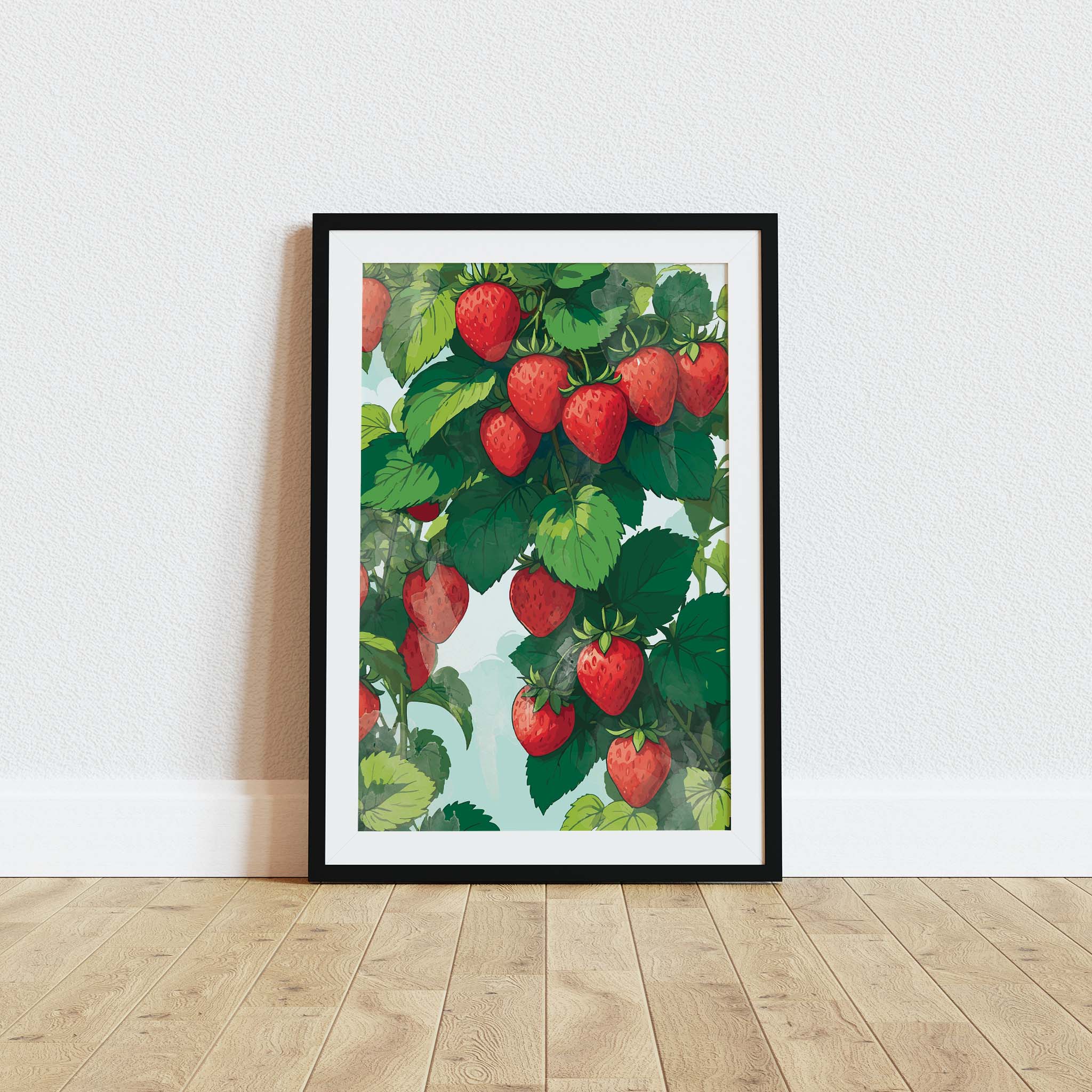 Printable wall art featuring vibrant red strawberries growing among lush green leaves on a sunny day, illustrated in a botanical style, perfect for kitchen, garden, or farmhouse-themed decor