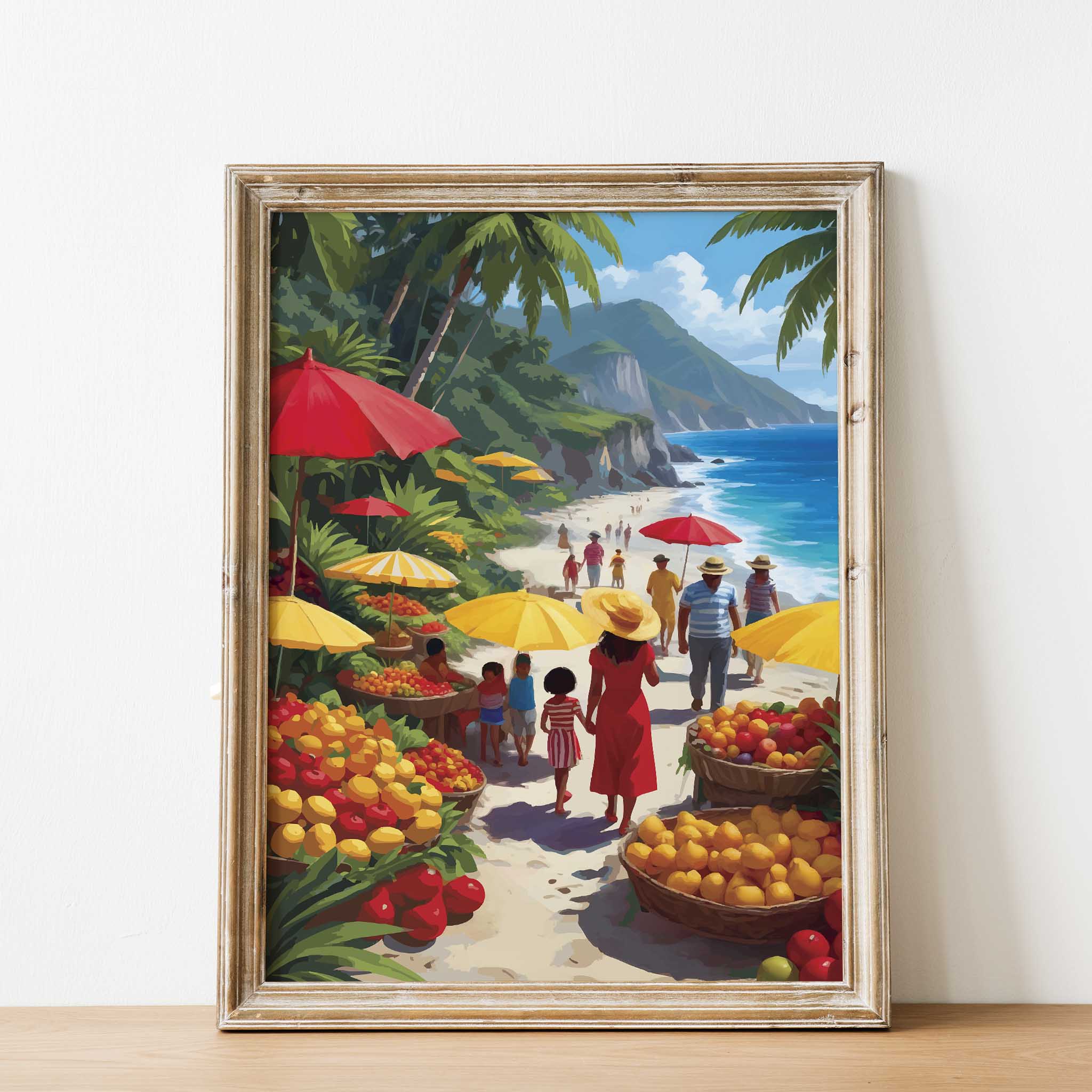 Vibrant coastal market illustration featuring people strolling along a sunny beach lined with colorful fruit stalls, palm trees, and bright umbrellas beside turquoise ocean water and tropical cliffs. Lively tropical wall art with a joyful summer atmosphere and rich, warm colors. Printable Wall Art. Digital Download.