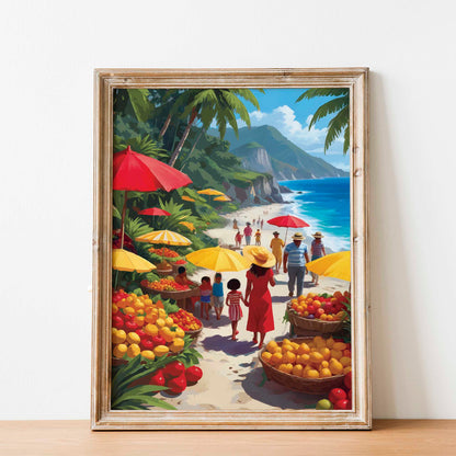 Vibrant coastal market illustration featuring people strolling along a sunny beach lined with colorful fruit stalls, palm trees, and bright umbrellas beside turquoise ocean water and tropical cliffs. Lively tropical wall art with a joyful summer atmosphere and rich, warm colors. Printable Wall Art. Digital Download.