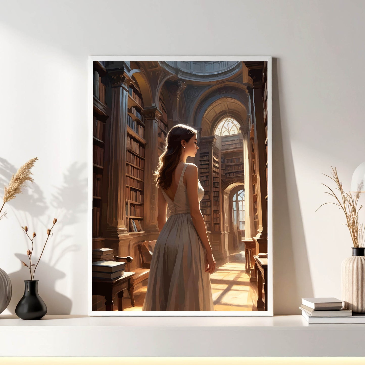 Romantic library scene showing a woman in a long dress standing in a historic hall lined with books and tall windows