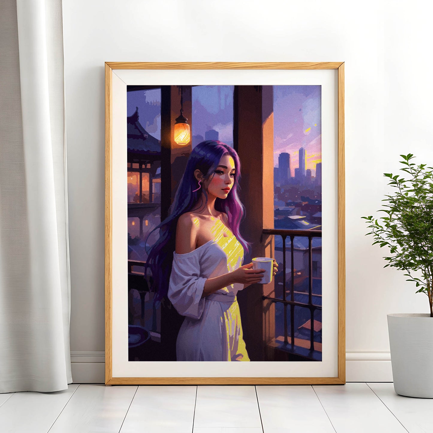 Dreamy illustration of a woman with long purple hair standing on a balcony at sunset, holding a cup of coffee. She wears an off-shoulder white outfit as warm golden light casts soft highlights on her face and clothes. The city skyline glows in the distance, creating a calm and reflective evening atmosphere.