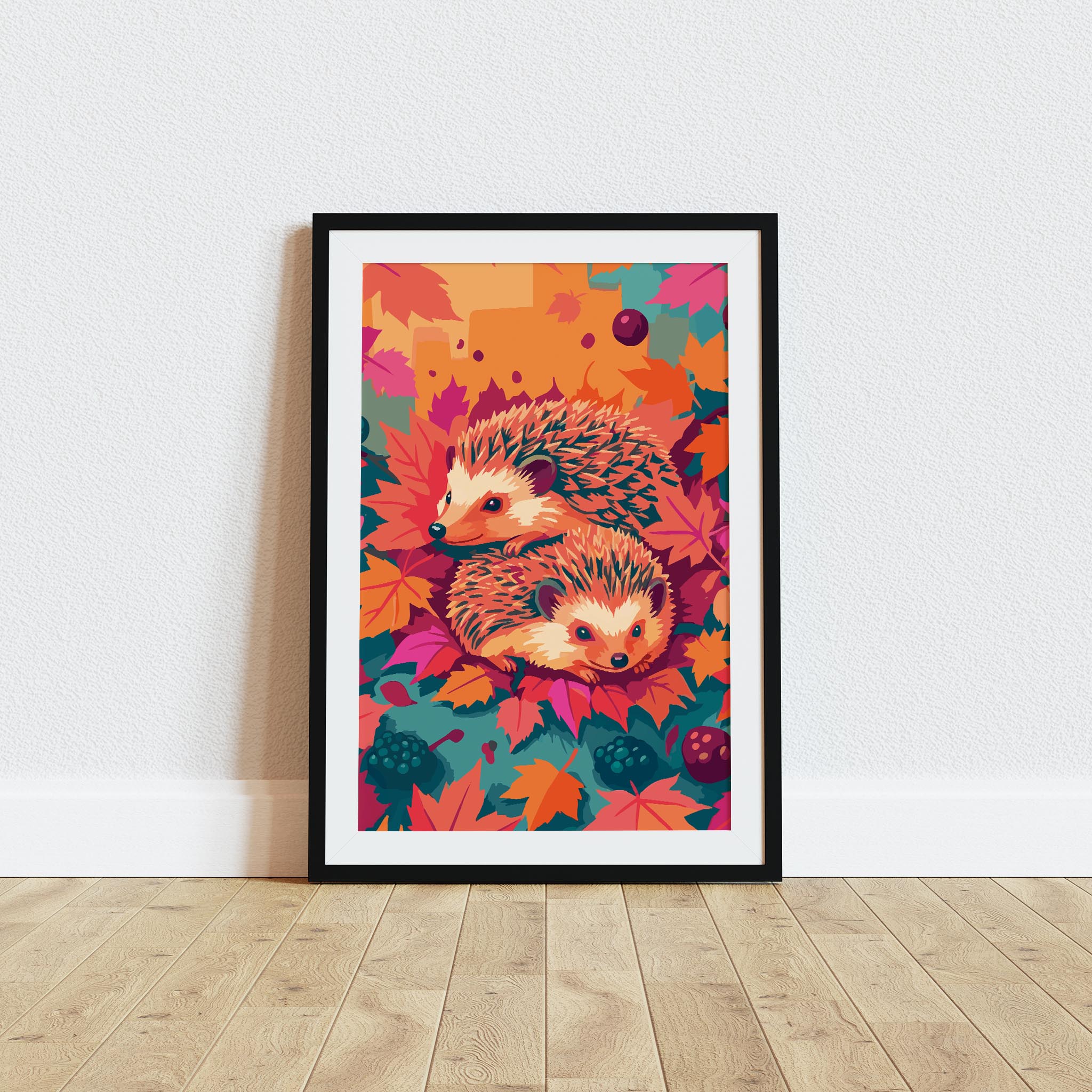 Maximalist fall hedgehog print featuring two cozy illustrated hedgehogs curled among oversized autumn maple leaves in orange, pink, and burgundy, with teal berry details and a warm colour-blocked backdrop