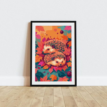 Maximalist fall hedgehog print featuring two cozy illustrated hedgehogs curled among oversized autumn maple leaves in orange, pink, and burgundy, with teal berry details and a warm colour-blocked backdrop