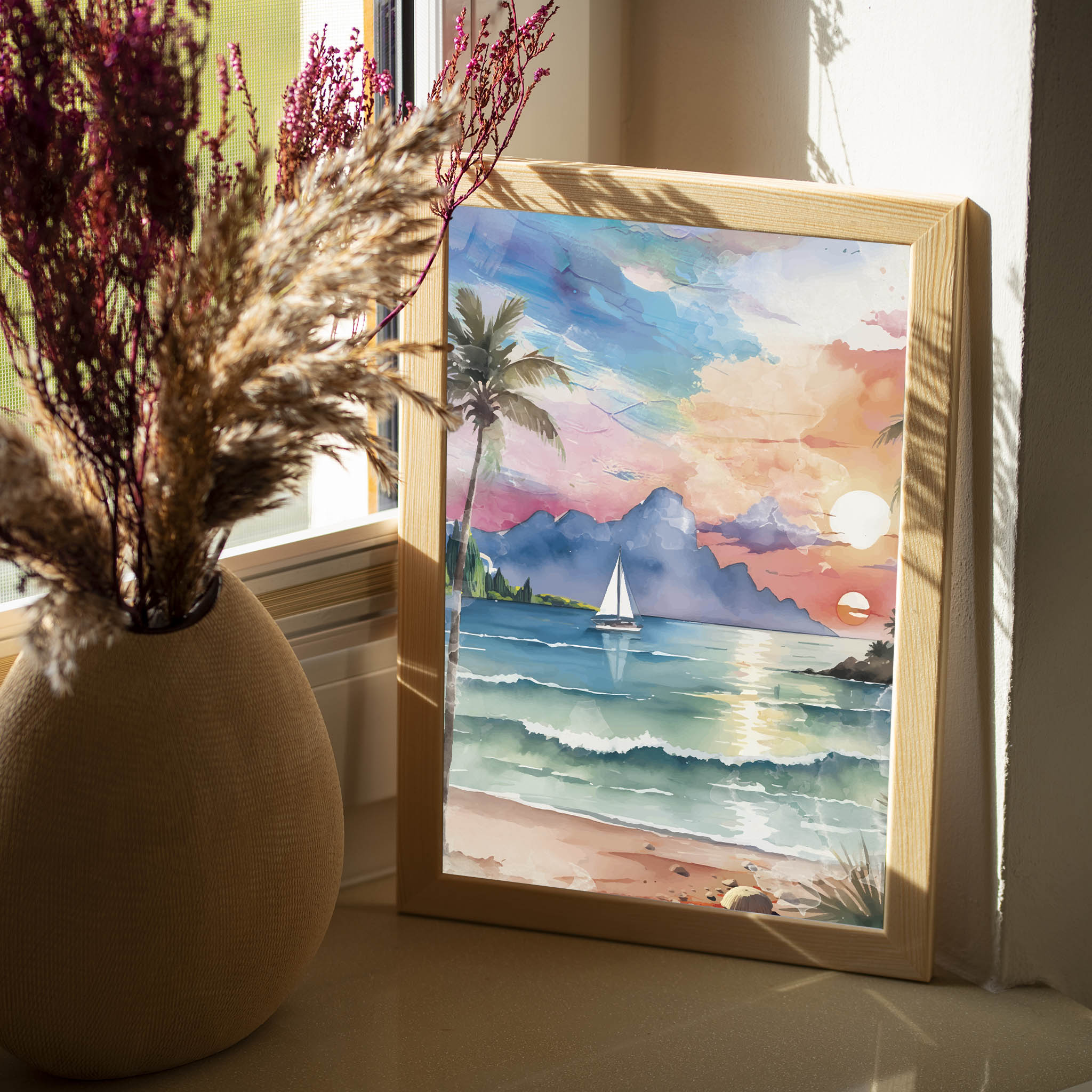 Watercolor-style printable wall art of a tropical beach sunset with palm trees, ocean waves, a sailboat, and mountains in the distance under a colorful sky