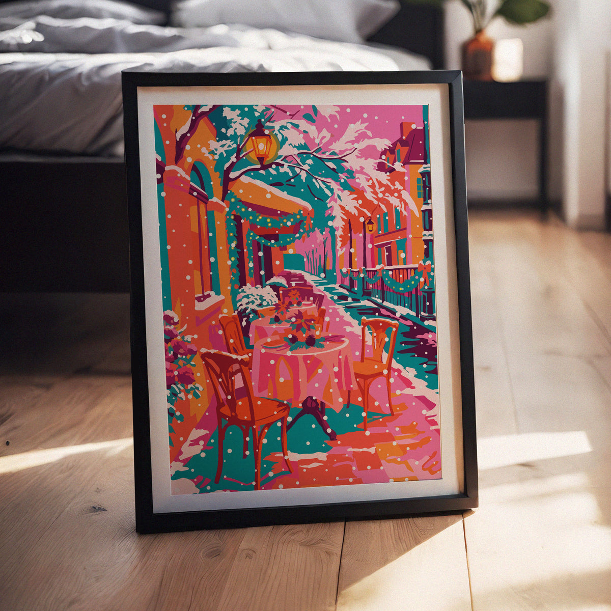 Illustrated print of a pink-clothed café table set with poinsettias on a snowy city sidewalk, framed by garland and a lit lantern. 